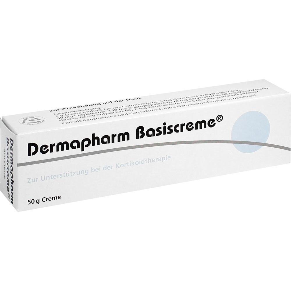 Weiße Verpackung einer Dermapharm Basiscreme für Hautanwendung bei Kortikoidtherapie.