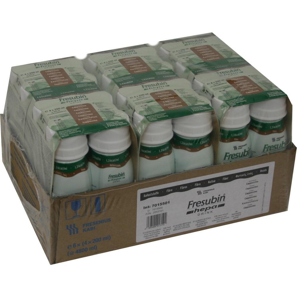 Ein Karton mit zw&ouml;lf Flaschen Fresubin Hepa Drink zur medizinischen Ern&auml;hrung.