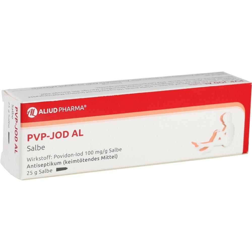 Eine Packung PVP-Jod AL Salbe von Aliud Pharma zur Desinfektion.