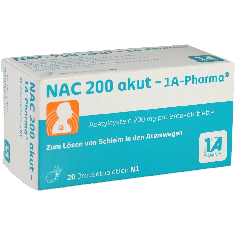 Verpackung von NAC 200 akut mit 20 Brausetabletten gegen Schleim in den Atemwegen.