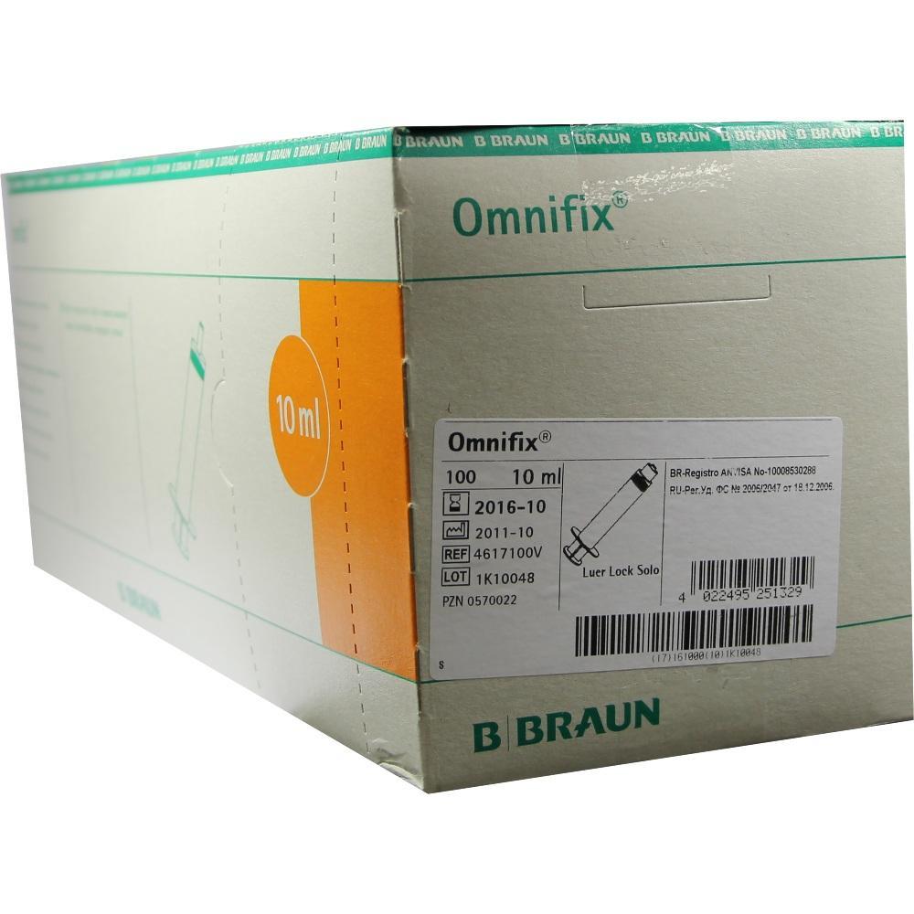 Eine Verpackung mit 100 Omnifix 10 ml Spritzen von B. Braun.