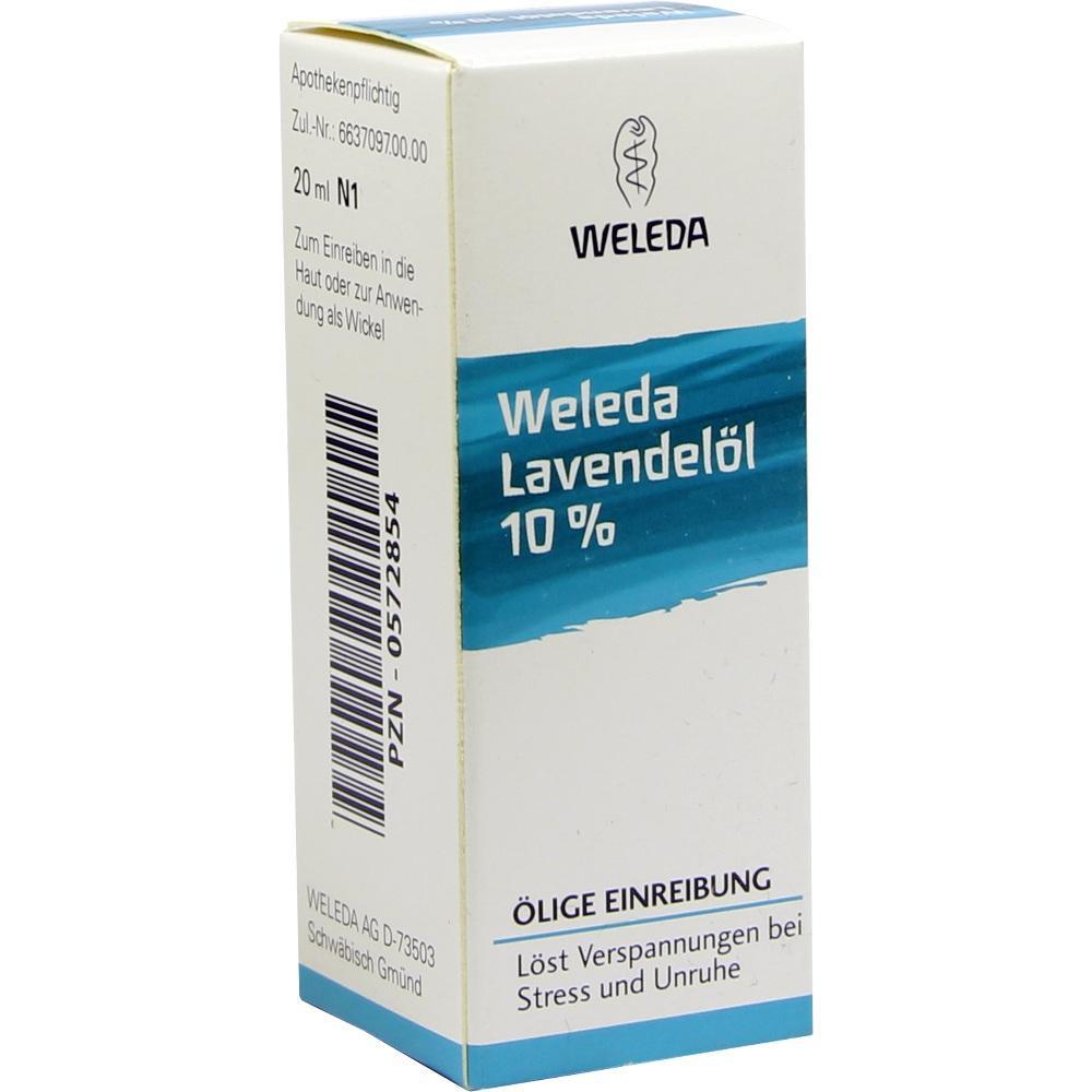 Eine Packung Weleda Lavendelöl 10% zur stresslösenden Hautpflege.