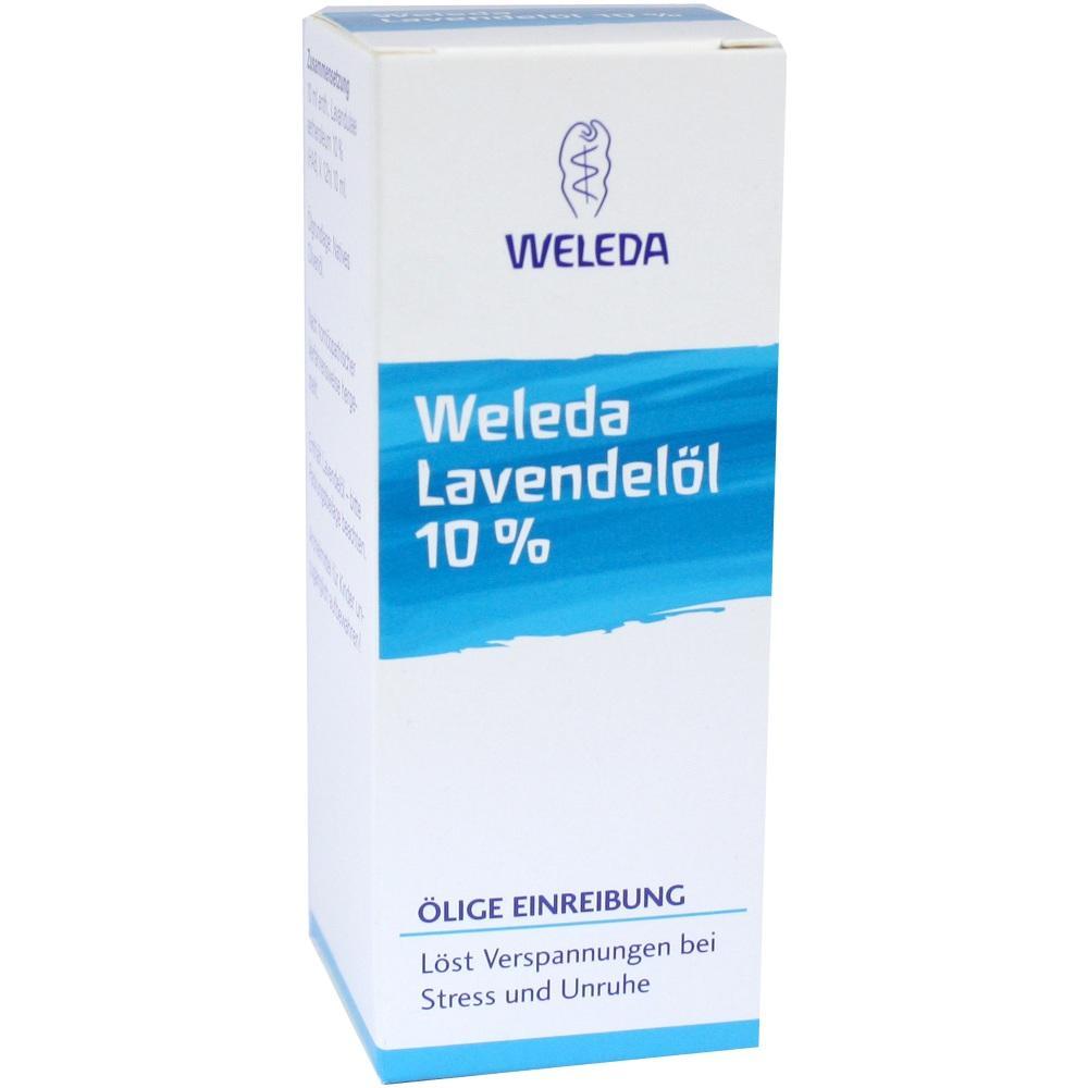 Weiße Verpackung von Weleda Lavendelöl 10 %, hilft bei Stress und Unruhe.