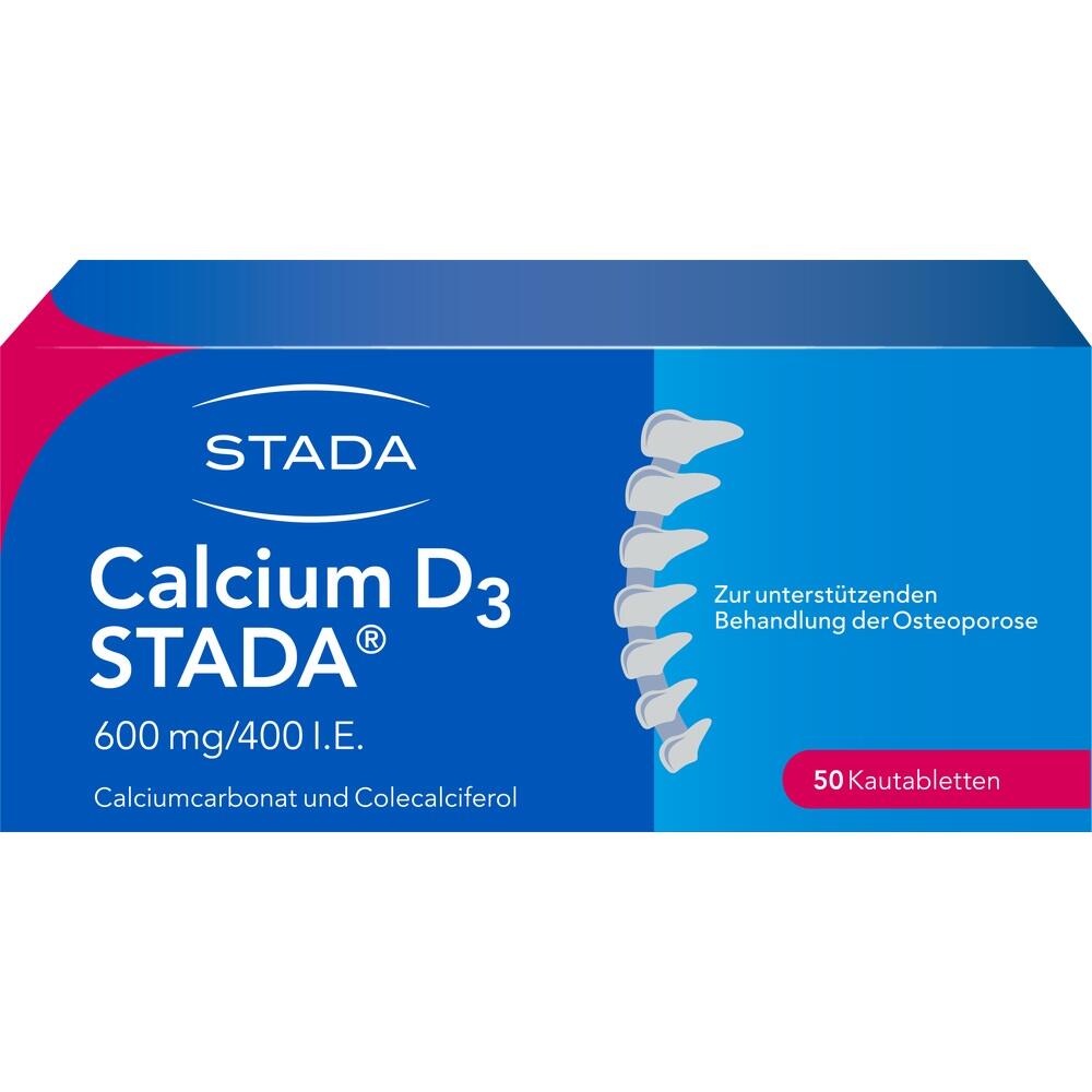 Eine blaue Medikamentenverpackung für Calcium D3 zur Unterstützung bei Osteoporose.