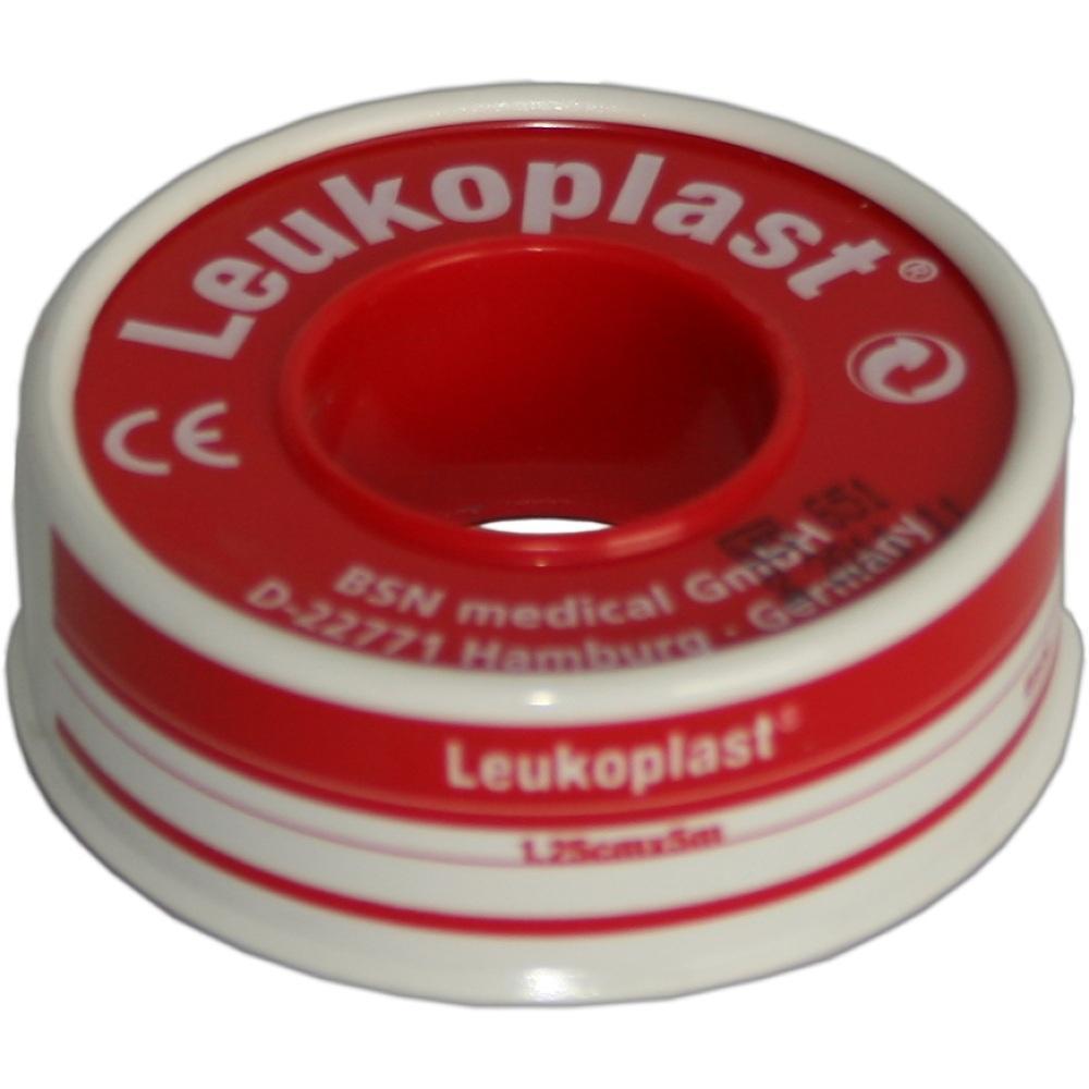 Rote Rolle mit medizinischem Klebeband, Aufschrift "Leukoplast".