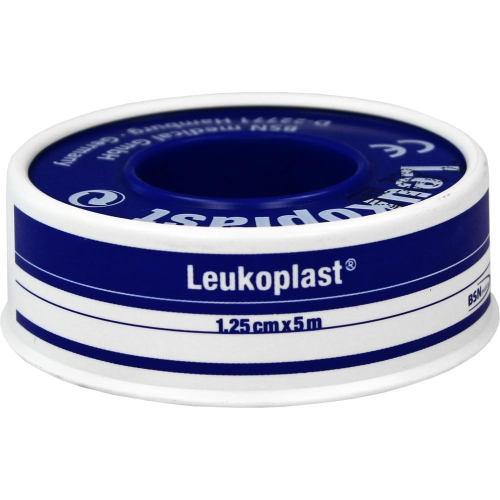 Eine blaue Rolle medizinisches Klebeband mit dem Namen Leukoplast.
