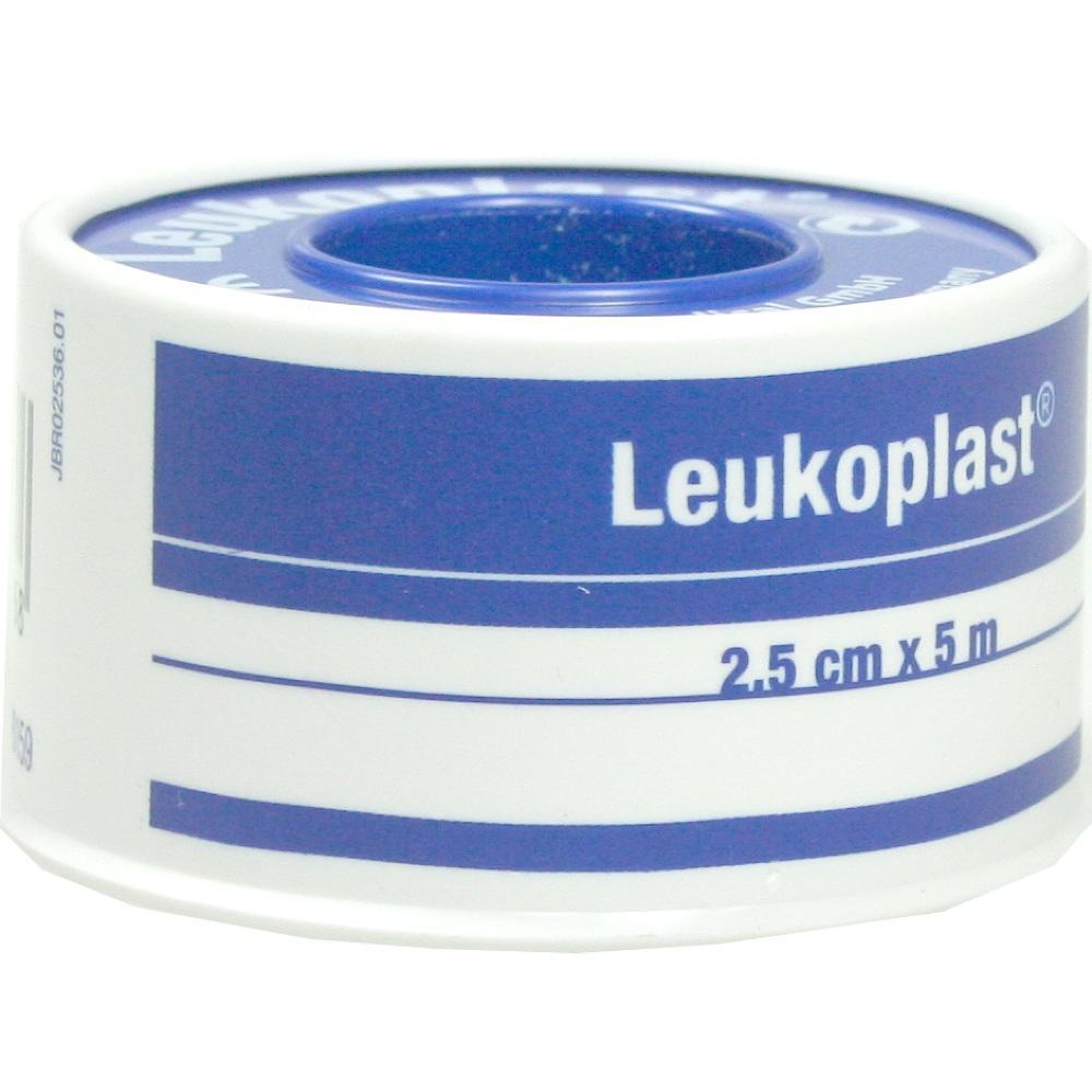 Eine Rolle weißes Leukoplast-Klebeband mit blauer Aufschrift.