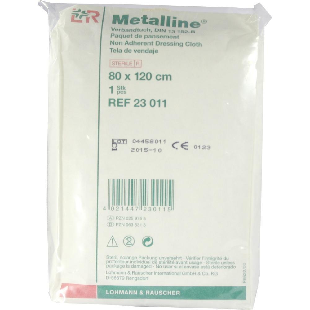 Verpackung eines sterilen Verbandtuchs der Marke Metalline, Gr&ouml;&szlig;e 80 x 120 cm.