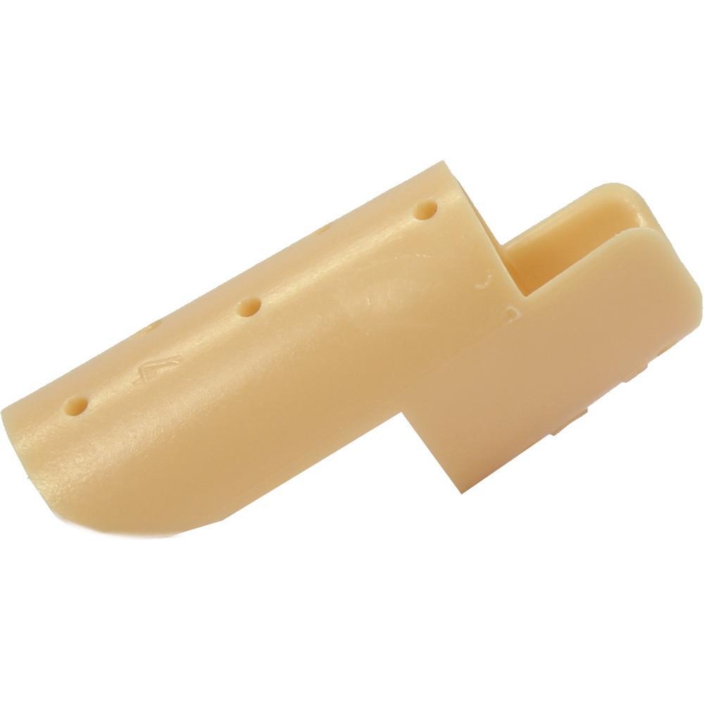 Beige Kunststoffclip mit mehreren Löchern und abgewinkeltem Design.