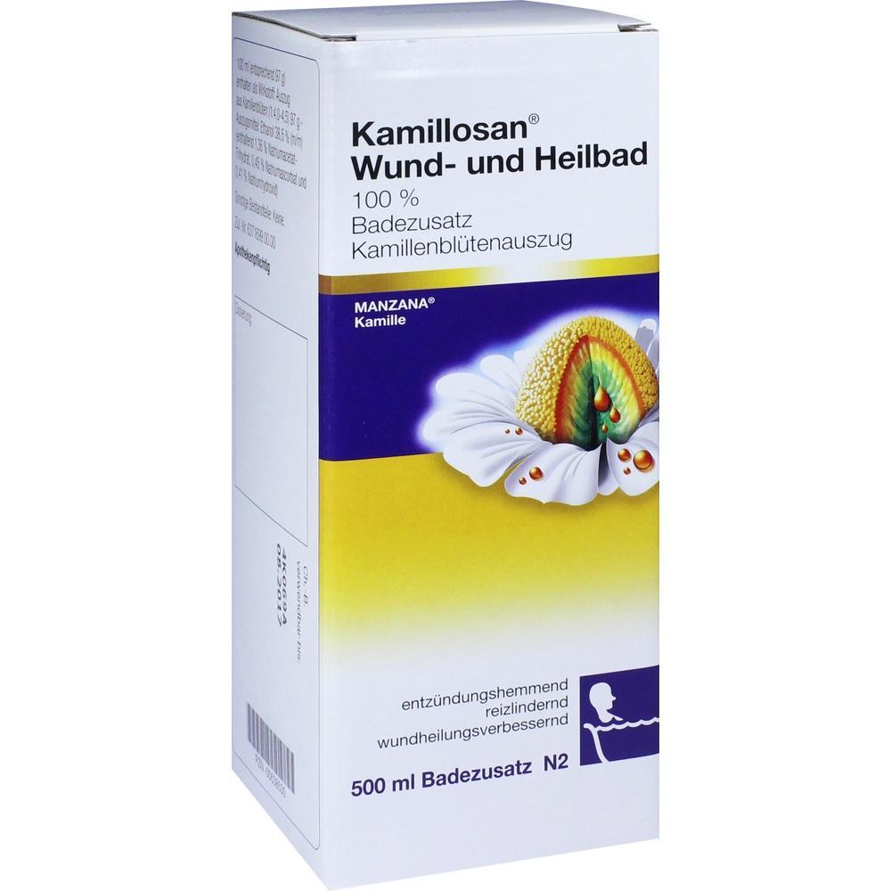 Gelbe Verpackung von Kamillosan Wund- und Heilbad mit einer Kamillenblüte.