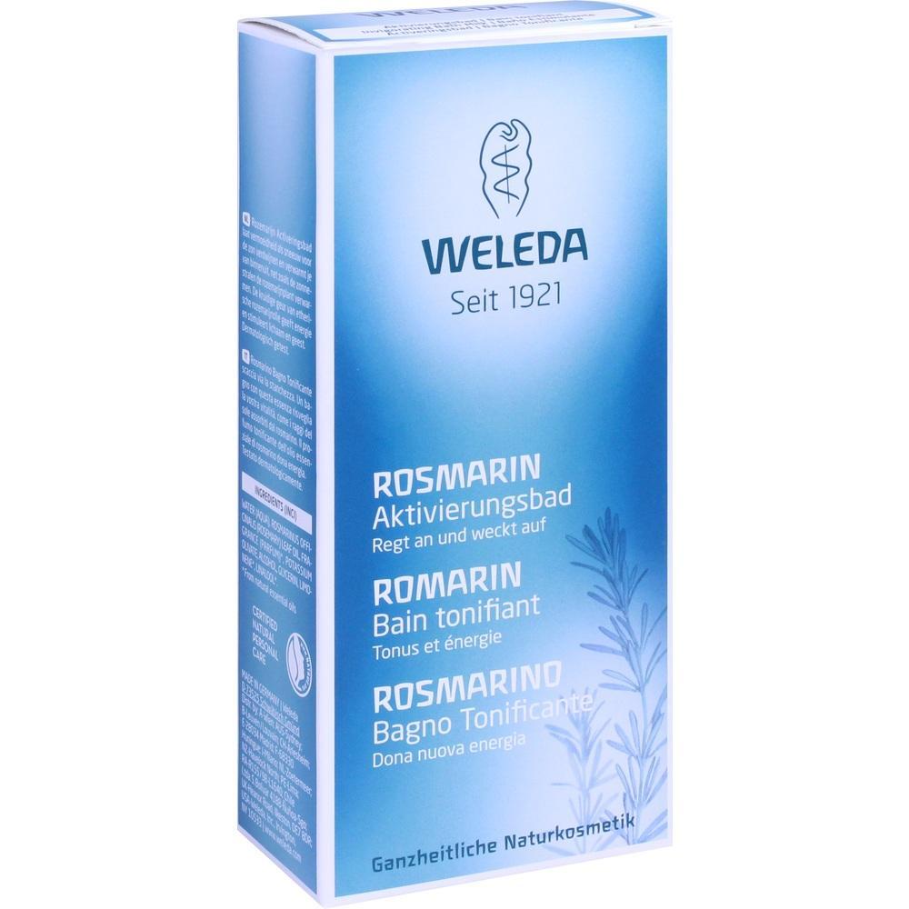 Blaue Verpackung von Weleda Rosmarin Aktivierungsbad mit Aufschrift "Ganzheitliche Naturkosmetik".