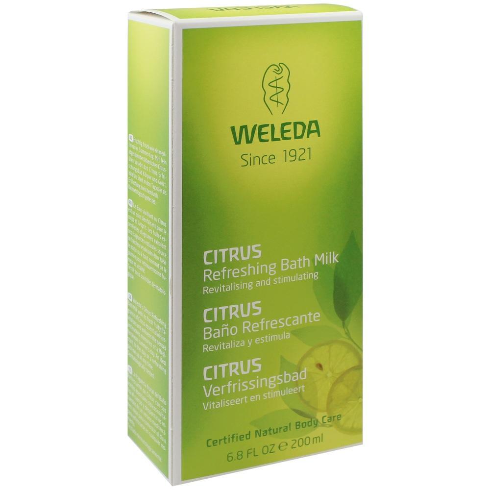 Grüne Verpackung von Weleda Citrus Badezusatz mit Zitronenmotiv.