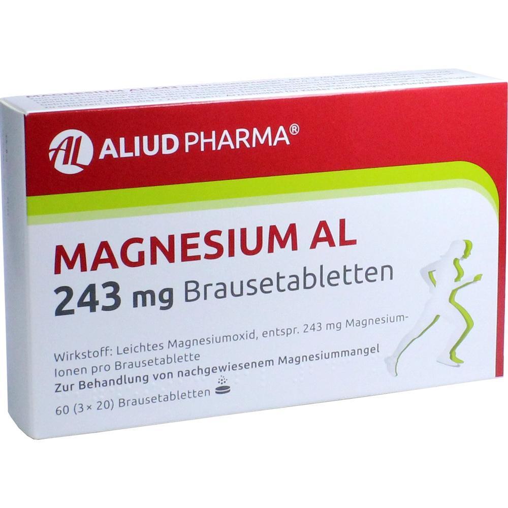 Eine Packung Magnesium Brausetabletten der Marke ALIUD PHARMA mit 243 mg Inhalt.