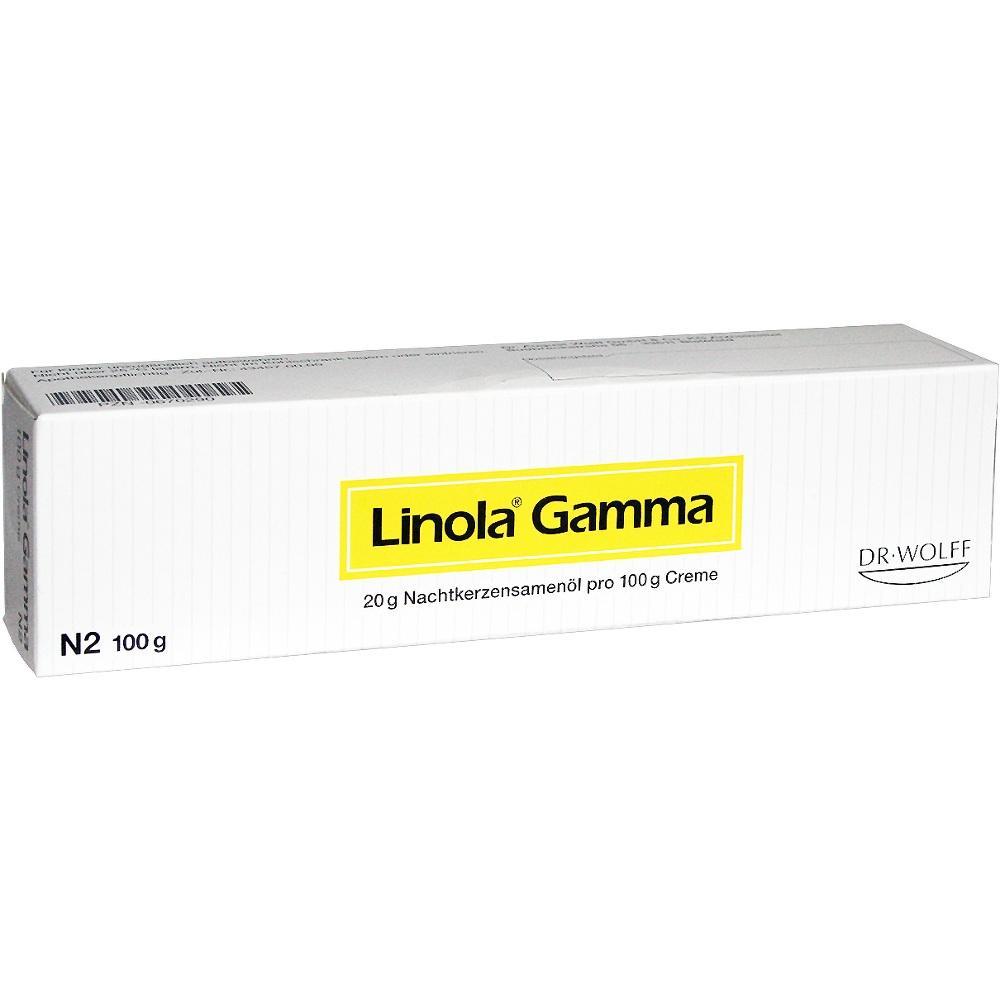Eine weiße Packung mit der Aufschrift „Linola Gamma“ und einem gelbem Kasten.