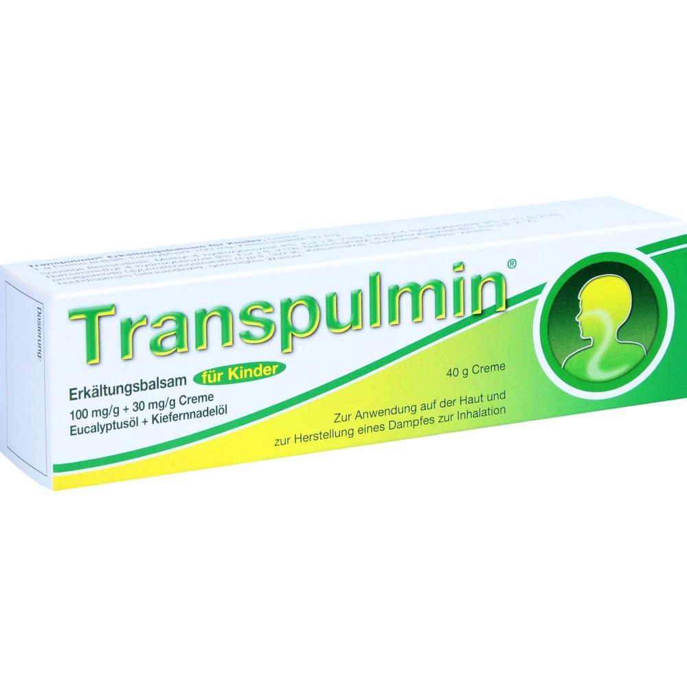 Eine grüne Verpackung von Transpulmin Erkältungsbalsam für Kinder.