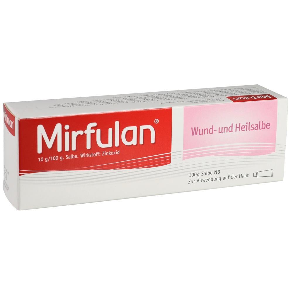 Eine weiße Schachtel mit rotem und rosa Etikett zeigt "Mirfulan Wund- und Heilsalbe".