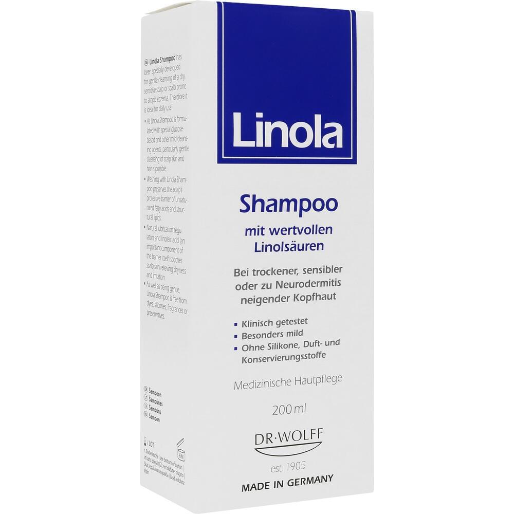 Eine weiße Verpackung mit der Aufschrift "Linola Shampoo" gegen trockene Kopfhaut.