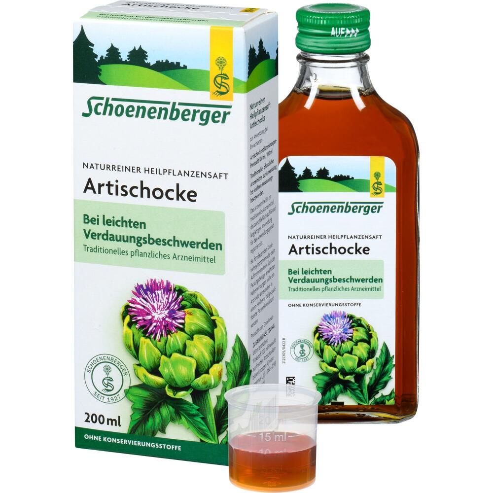 Artischocken-Saftflasche und Verpackung gegen Verdauungsbeschwerden, mit Dosierbecher.
