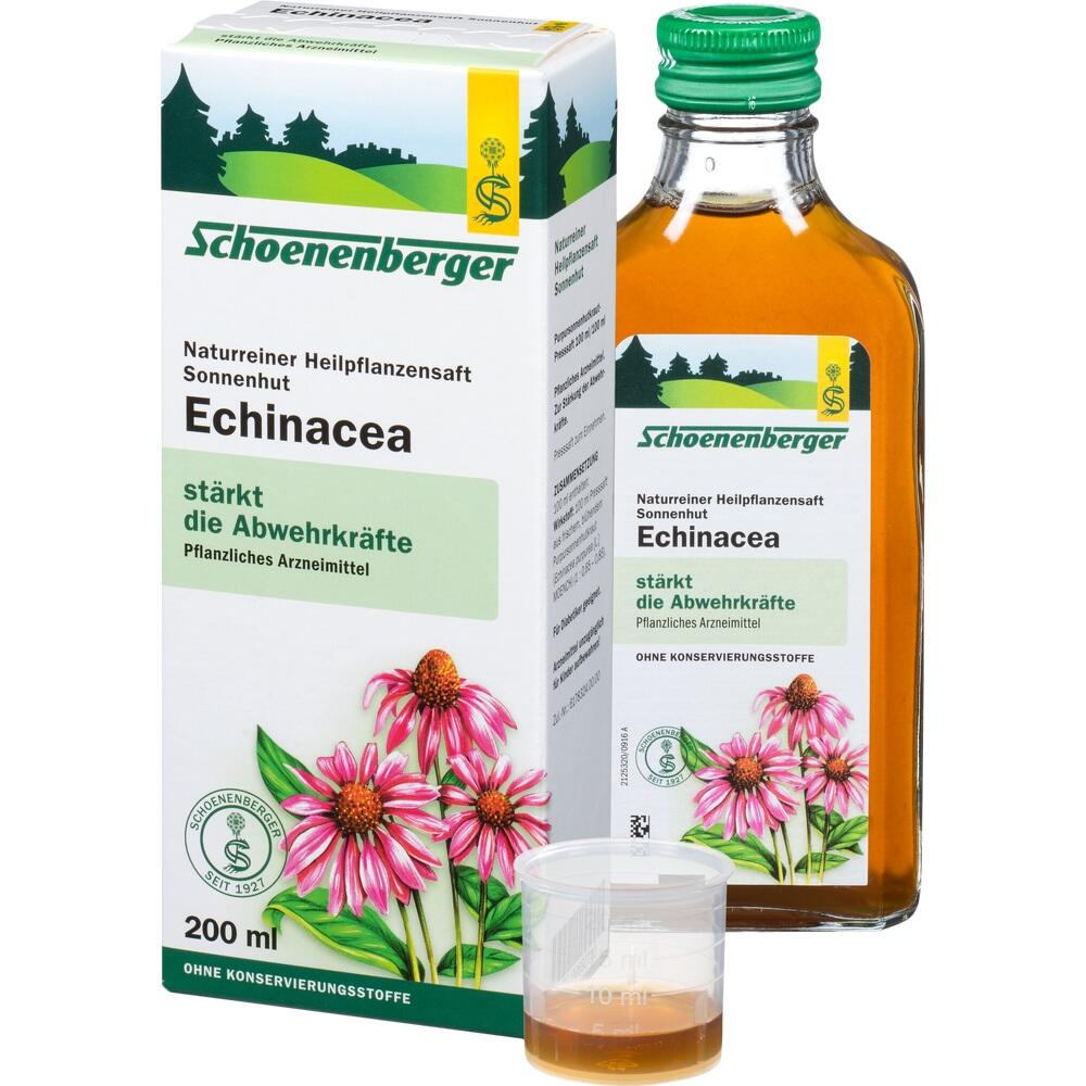 Eine Flasche und Verpackung mit Echinacea-Saft zur St&auml;rkung der Abwehrkr&auml;fte.