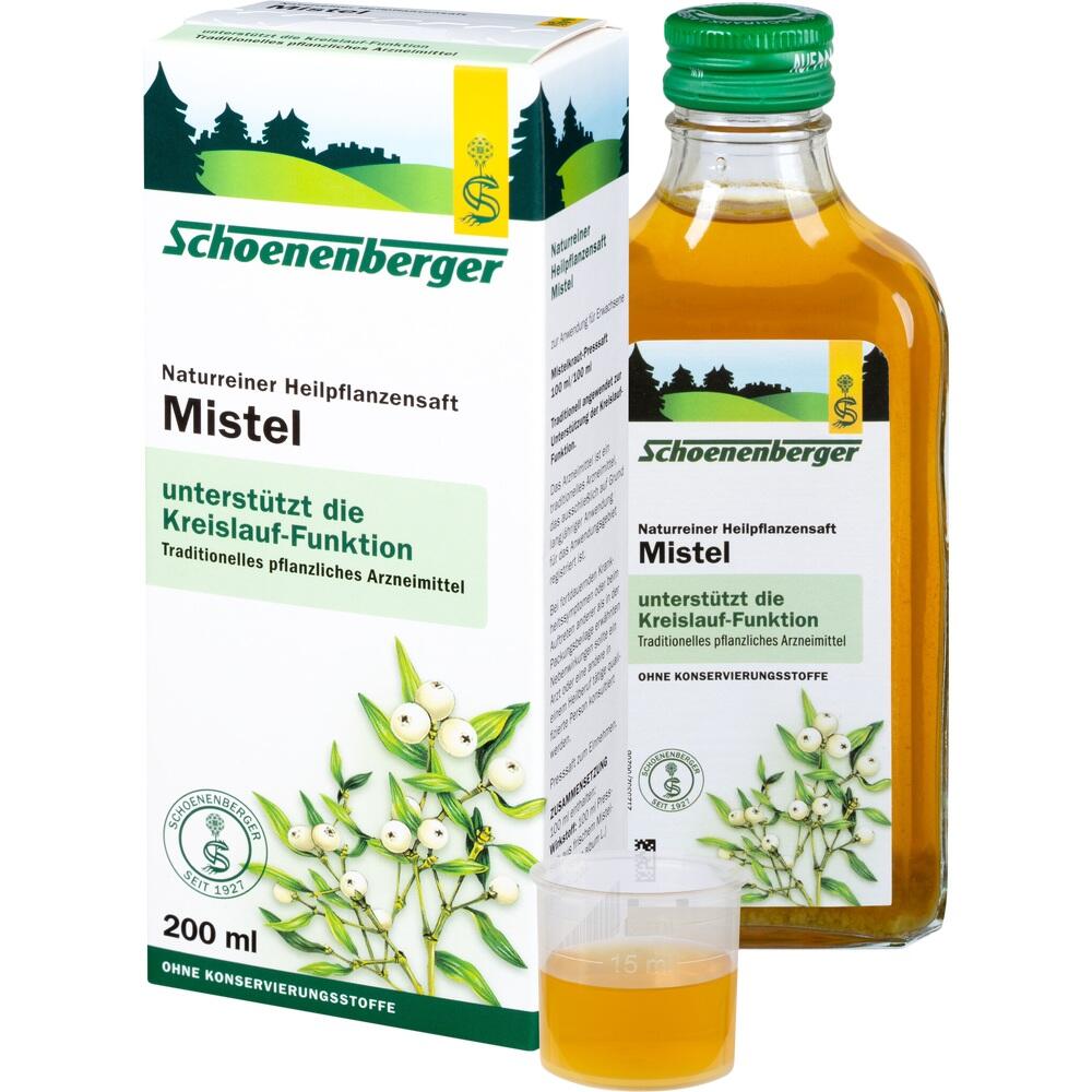 Eine Flasche pflanzlicher Mistelsaft mit Verpackung, die den Kreislauf unterst&uuml;tzt.