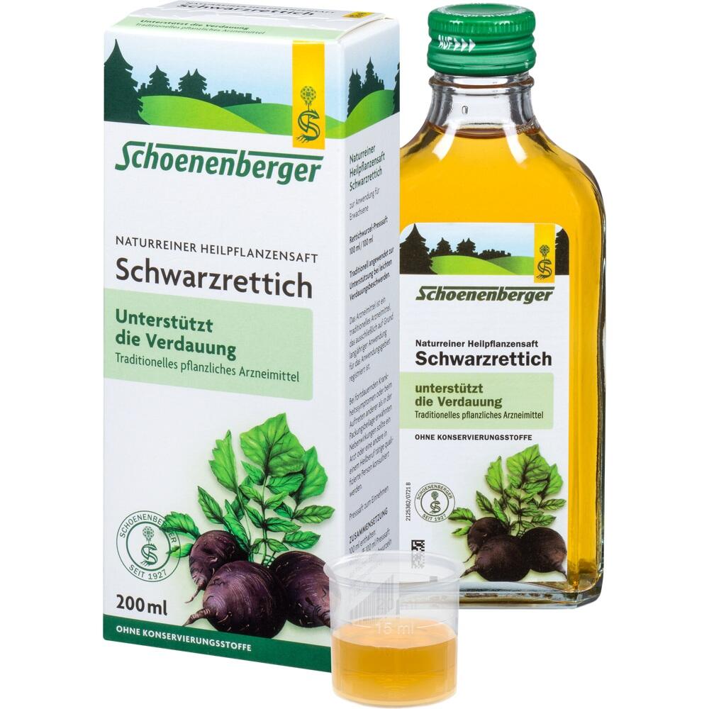Flasche und Packung mit Schwarzer-Rettich-Saft, der die Verdauung unterst&uuml;tzt.