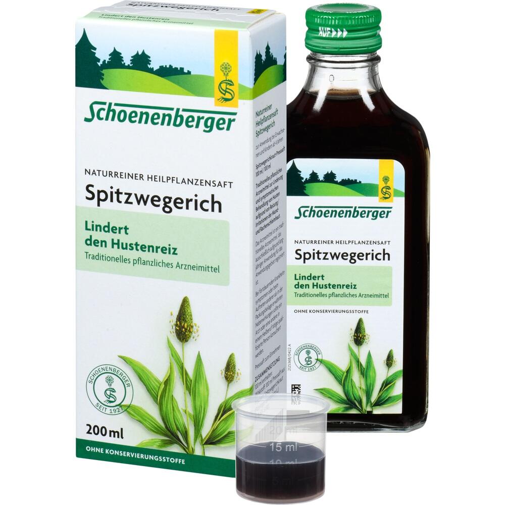 Flasche und Verpackung von Spitzwegerich-Saft gegen Husten.