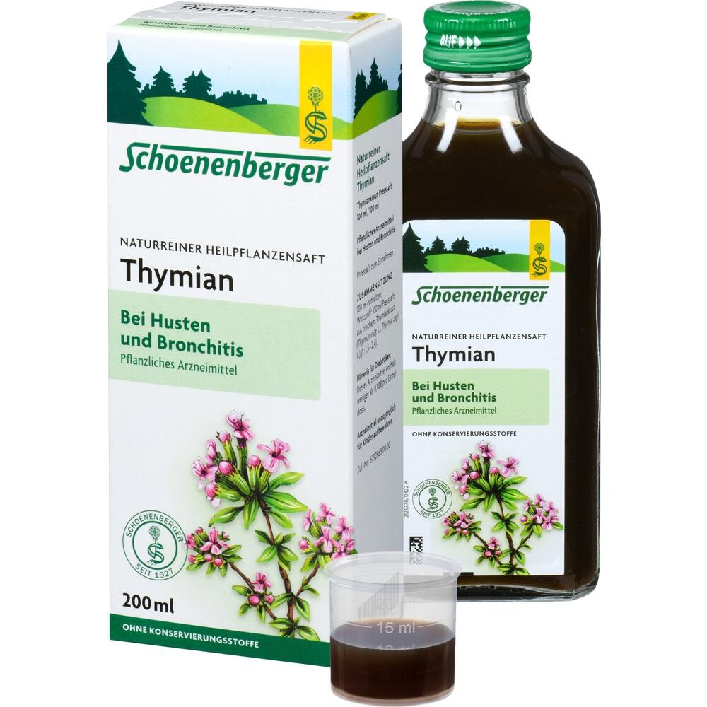 Eine Flasche Thymiansaft mit Verpackung zur Linderung von Husten und Bronchitis.