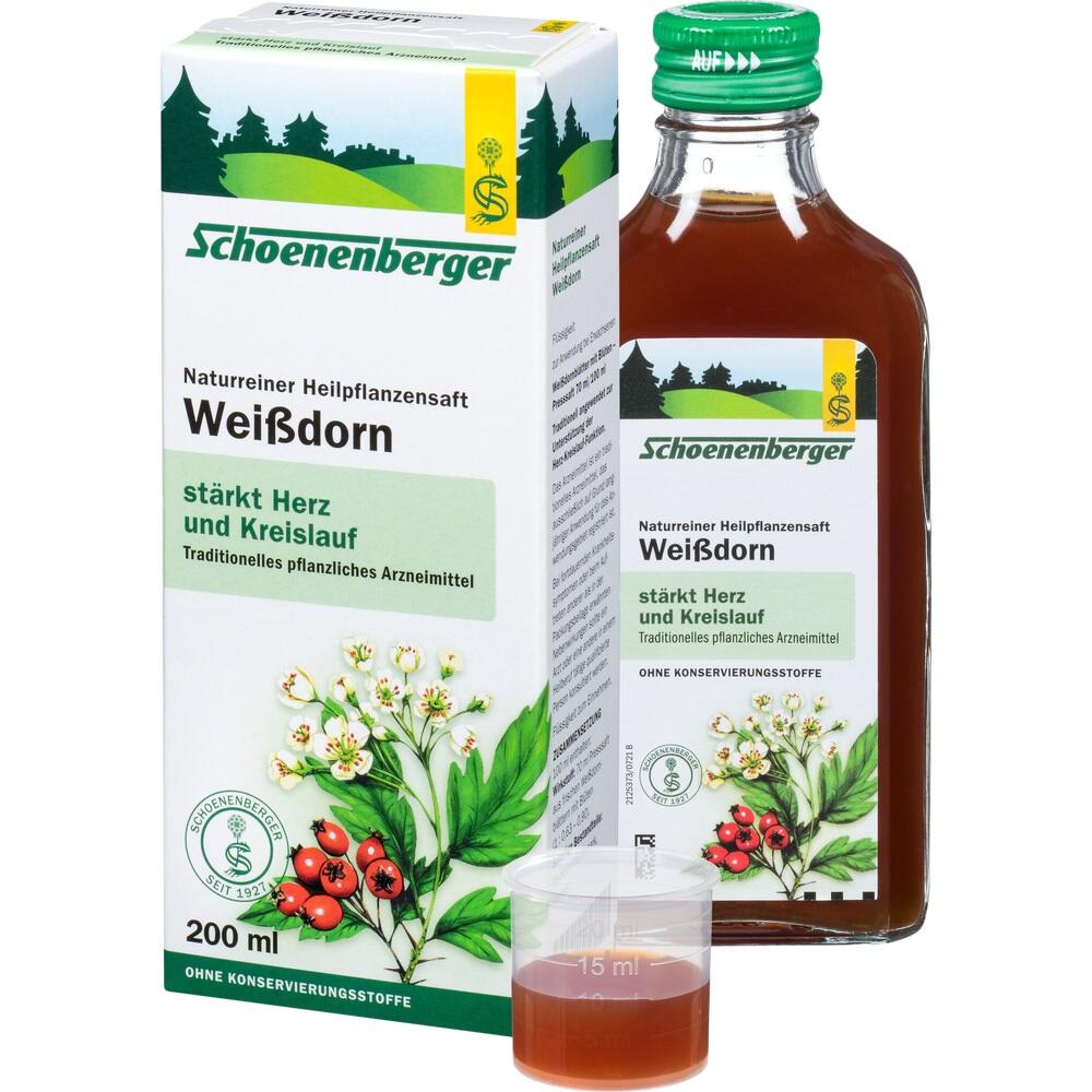 Flasche und Packung mit Wei&szlig;dorn-Saft zur St&auml;rkung von Herz und Kreislauf.
