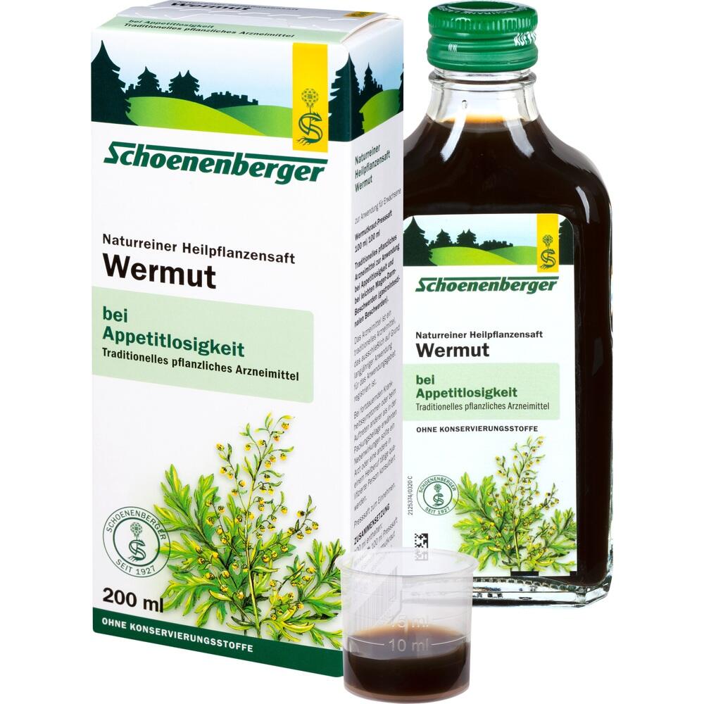 Flasche und Packung von Wermut-Heilpflanzensaft gegen Appetitlosigkeit.