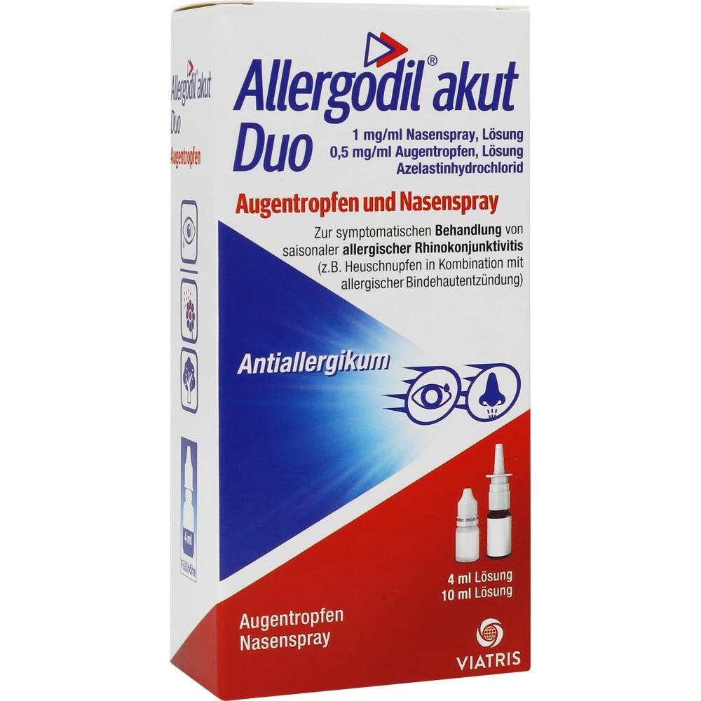 Verpackung von Allergodil akut Duo mit Augentropfen und Nasenspray gegen Allergien.