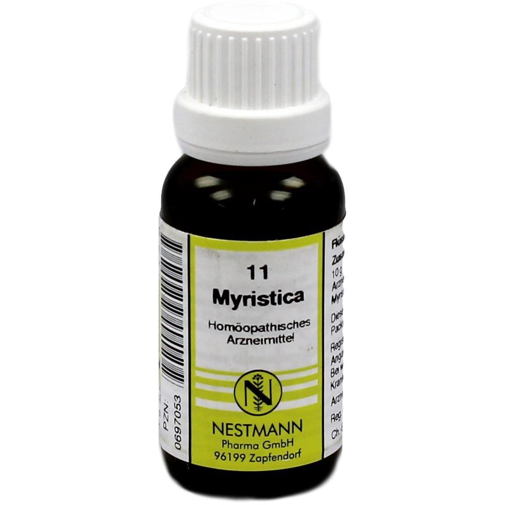 Kleines Fl&auml;schchen mit Etikett "Myristica", ein hom&ouml;opathisches Arzneimittel.