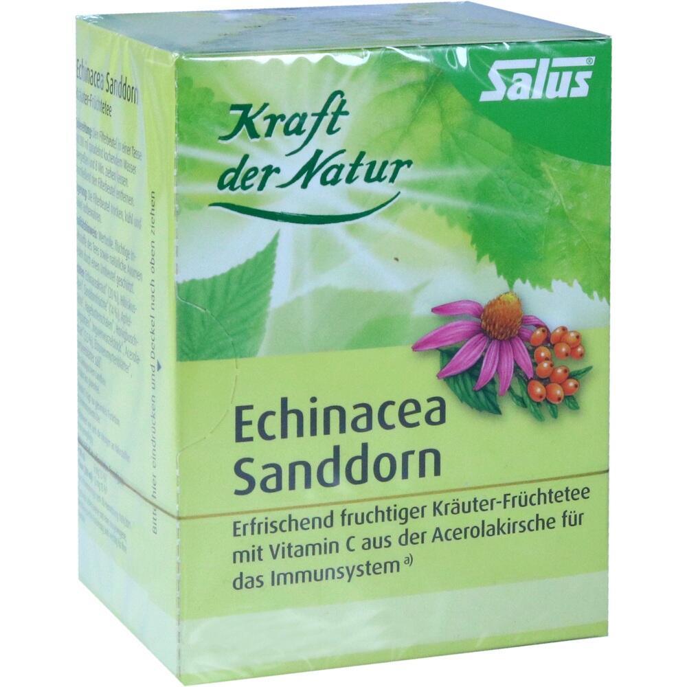 Gelbe Teeschachtel mit der Aufschrift "Echinacea Sanddorn" und einem Teebeutel daneben.