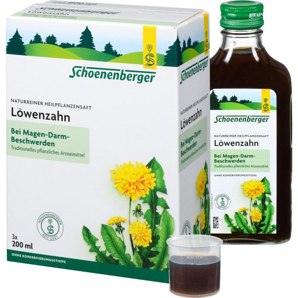 Verpackung und Flasche mit L&ouml;wenzahn-Heilpflanzensaft gegen Magen-Darm-Beschwerden.