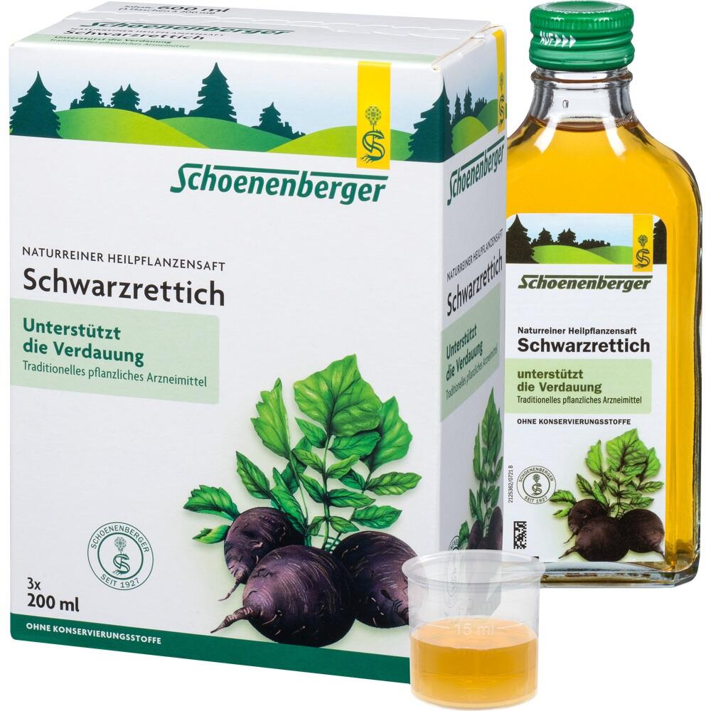 Eine Packung und Flasche Schwarzer-Rettich-Saft mit Messbecher vorne.