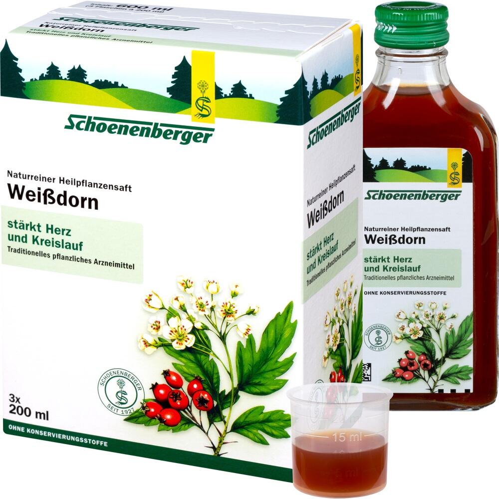 Wei&szlig;dornsaft-Flasche und Verpackung f&uuml;r Herz und Kreislauf.