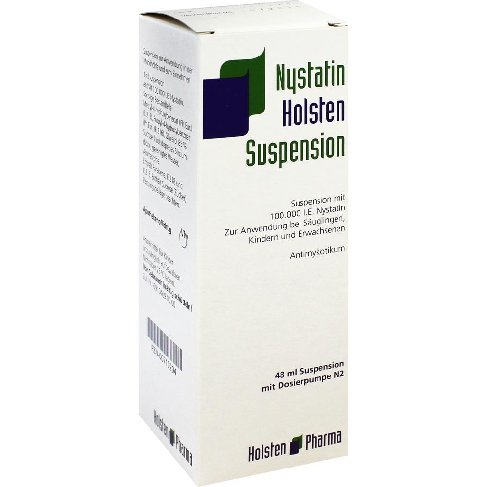 Weiße Arzneimittel-Verpackung mit der Aufschrift "Nystatin Holsten Suspension".