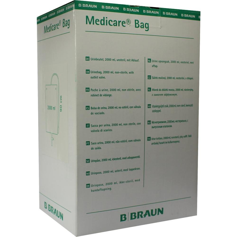 Ein wei&szlig;er Karton mit gr&uuml;ner Aufschrift "Medicare Bag" und mehrsprachiger Beschreibung.