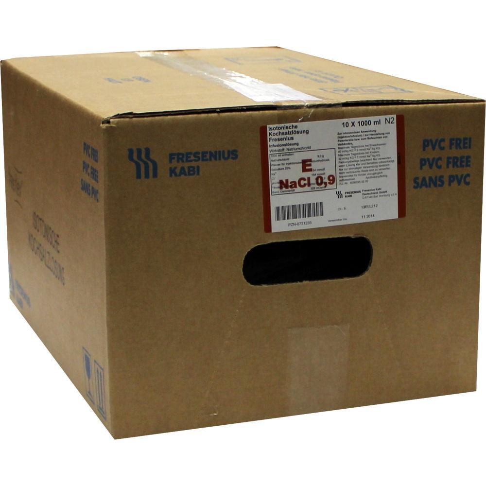 Brauner Karton mit der Aufschrift "Fresenius Kabi" und "NaCl 0.9" auf einem Etikett.