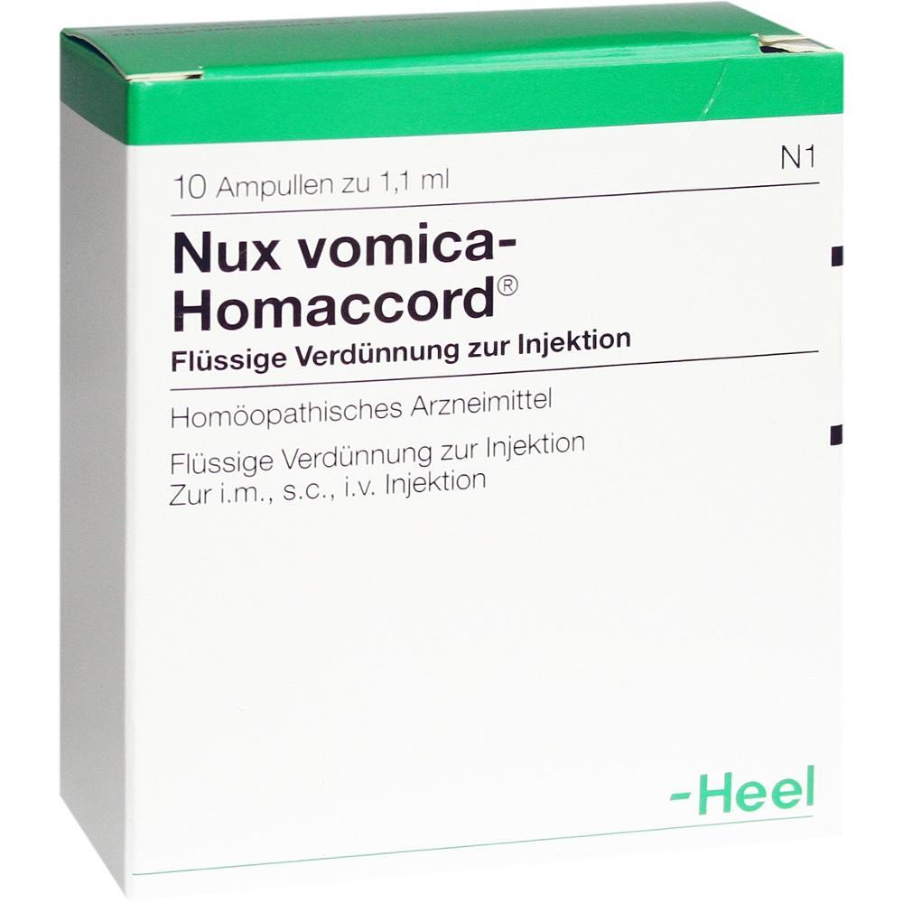 Eine Schachtel homöopathisches Arzneimittel namens Nux vomica-Homaccord.