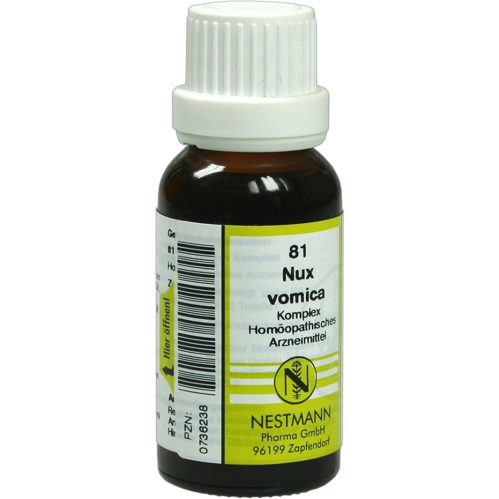 Braune Flasche mit wei&szlig;em Deckel, Etikett zeigt "Nux vomica" hom&ouml;opathisches Mittel.