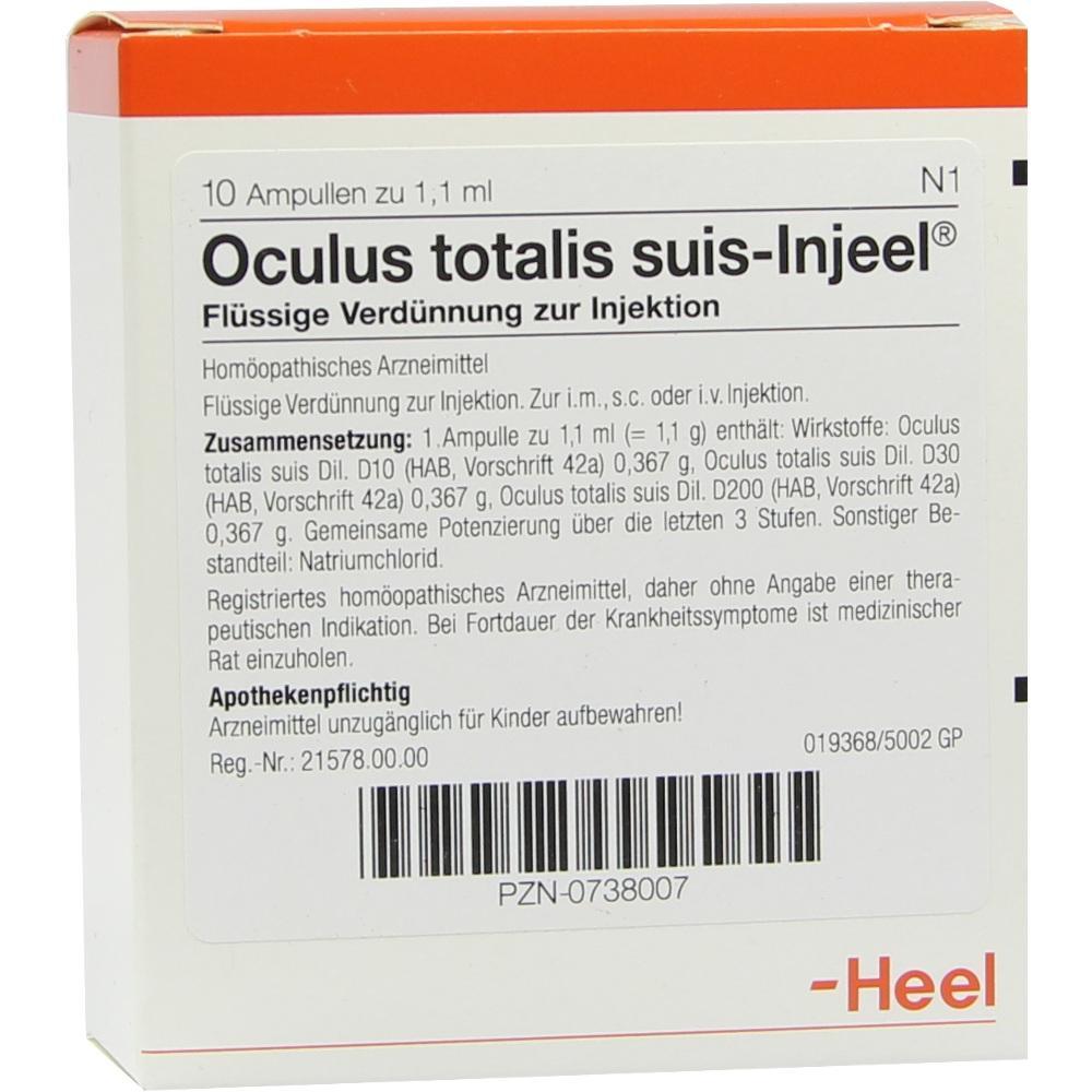 Die Verpackung zeigt homöopathische Ampullen zur Injektion namens "Oculus totalis suis-Injeel".