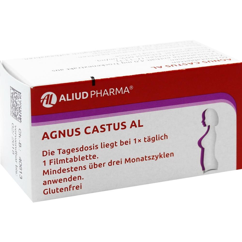 Weiße Medikamentenschachtel mit rotem und lila Schriftzug, "Agnus Castus AL".