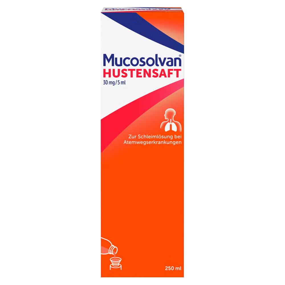 Verpackung von Mucosolvan Hustensaft, hilft bei Atemwegserkrankungen.