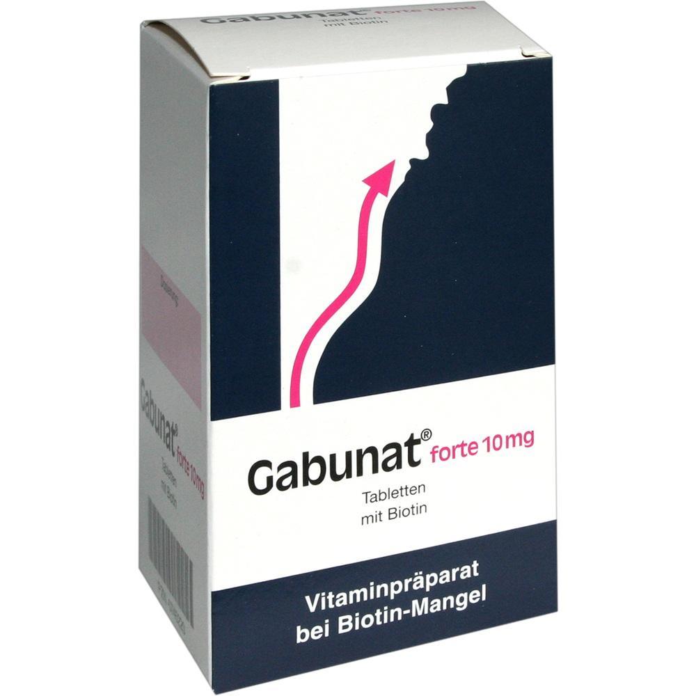 Die Verpackung zeigt ein Vitaminpräparat namens Gabunat forte mit 10 mg Biotin.