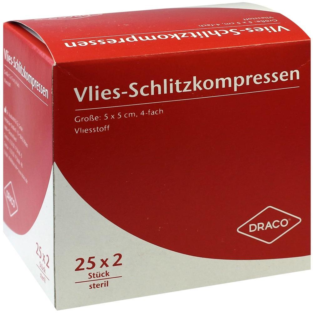 Rote Verpackung mit Vlies-Schlitzkompressen, Gr&ouml;&szlig;e 5x5 cm, 25x2 St&uuml;ck steril.
