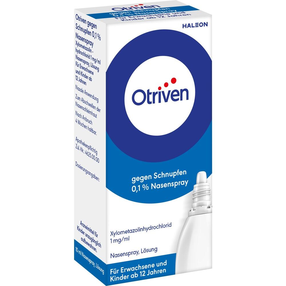Verpackung von Otriven Nasenspray gegen Schnupfen für Erwachsene und Kinder ab 12 Jahren.