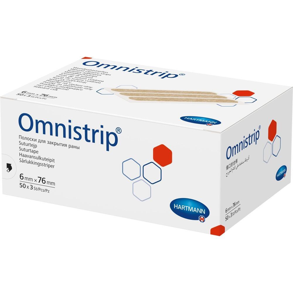Eine wei&szlig;e Schachtel mit dem Aufdruck "Omnistrip" und einem medizinischen Logo.