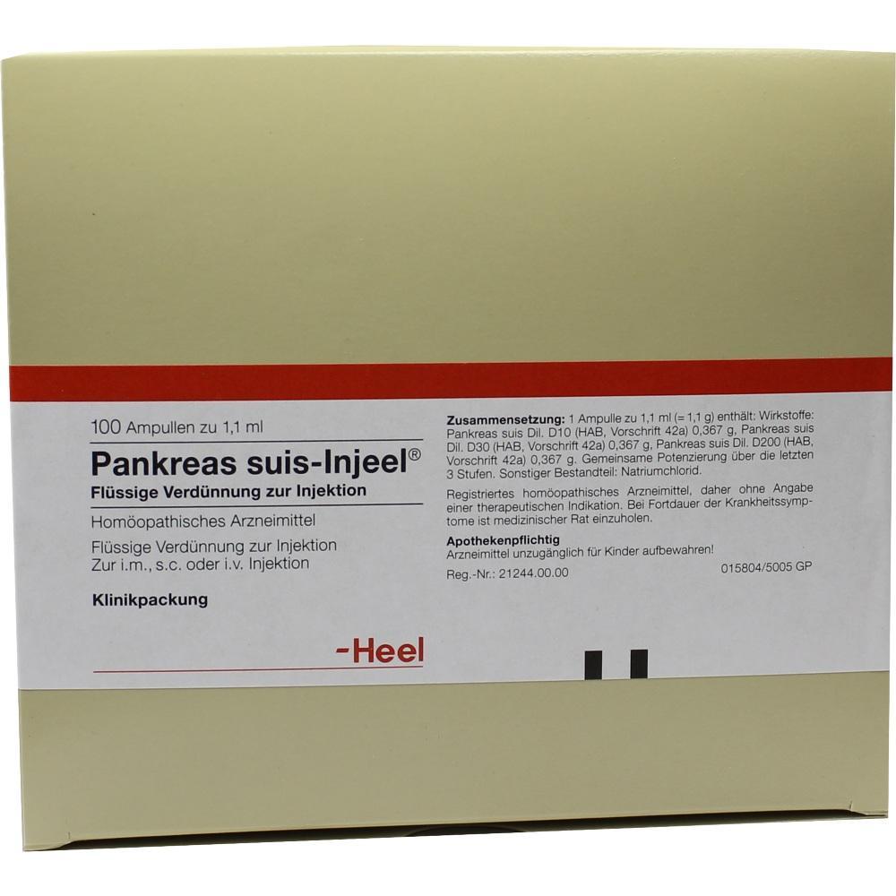 Gelbe Verpackung mit 100 Ampullen "Pankreas suis-Injeel" zur Injektion, homöopathisches Medikament.