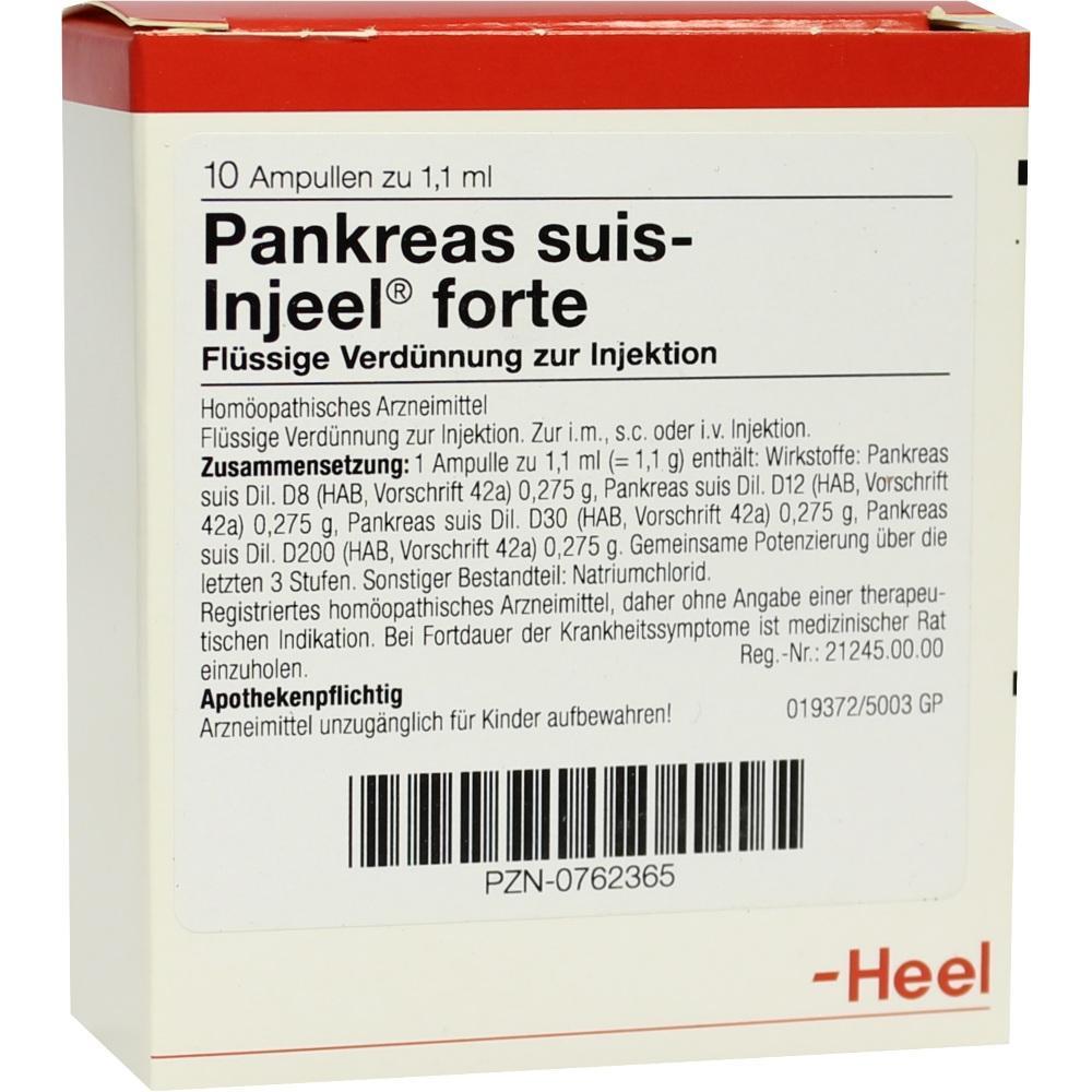 Packung mit homöopathischem Medikament "Pankreas suis-Injeel forte" zur Injektion.