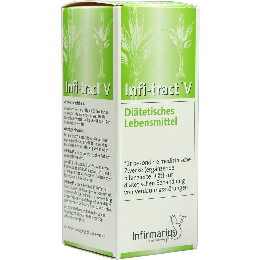 Grüne Verpackung mit der Aufschrift "Infi-tract V" und Informationen über diätetische Lebensmittel.